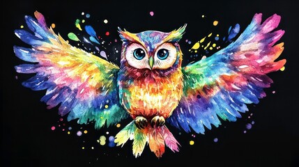 Obraz premium Vibrant watercolor owl with rainbow feathers on black background