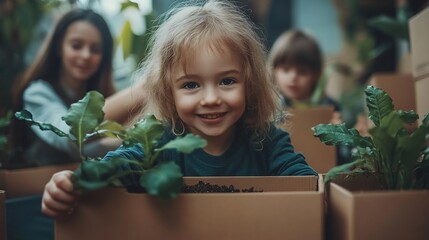 Happy girl planting seedlings with siblings