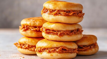 A stack of sweet buns filled with shredded meat, showcasing a savory snack option.