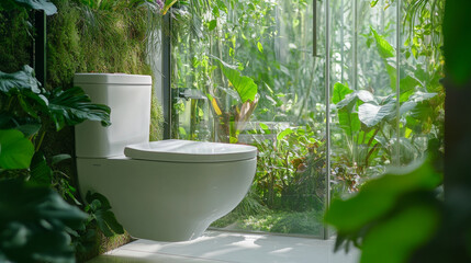 Luxurious white toilet in glass walled bathroom surrounded by lush greenery, creating serene and tranquil atmosphere. Perfect for modern eco friendly designs