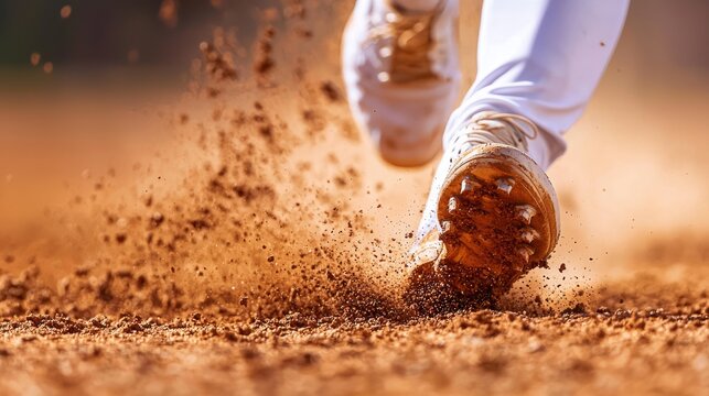 Determined Baseball Player Sprinting to First Base - Close-up Photo of Cleats Digging Into Textured Dirt Field