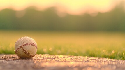Serene Competition: Close-Up of Baseball on Pitcher's Mound with Dew Drops and Blurred Field Background - Ultra-Detailed Sports Photography