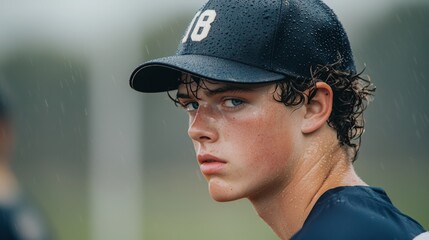 Intense Baseball Pitcher Winding Up with Sweat Glistening - Action Packed Sports Photography with Blurred Background of Players