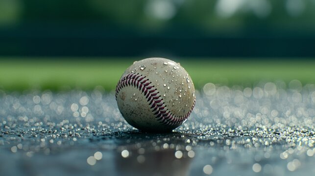 Tranquil Tension: Close-up of Dewy Baseball on Pitcher&acirc;&euro;&trade;s Mound in Competitive Field Background