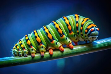 A green caterpillar with orange stripes climbs a blue pole at night, captured in a mesmerizing long exposure macro photograph.