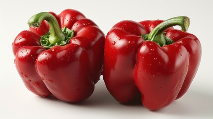 Two ripe red bell peppers with water droplets.