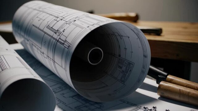 An architectural blueprint laid on a wooden table, accompanied by small tools and screws