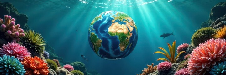 Fototapeta premium A globe partially submerged in water, surrounded by lush aquatic plants and colorful coral formations , ocean, globe