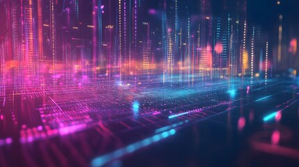 Fototapeta premium Abstract Digital Cityscape Neon Lights Data Streams