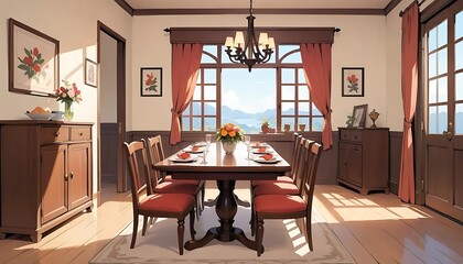 Sunlit Dining Room: A Serene, Rustic Illustration
