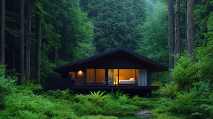 Cozy modern cabin nestled in a lush forest landscape.