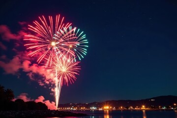 Fireworks exploding in the night sky with festive lights and colorful explosions , party, decoration