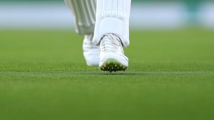 Precision Footwork in Cricket: Close-Up of Batsman's Feet Swinging in Dynamic Motion on Textured Grass Field