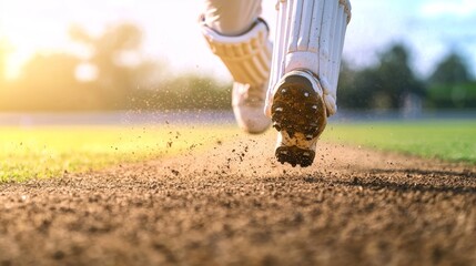 Obraz premium Energetic Cricket Player Running between Wickets on Vibrant Green Field - Capturing the Urgency of the Game with Ultra-Detailed Shot