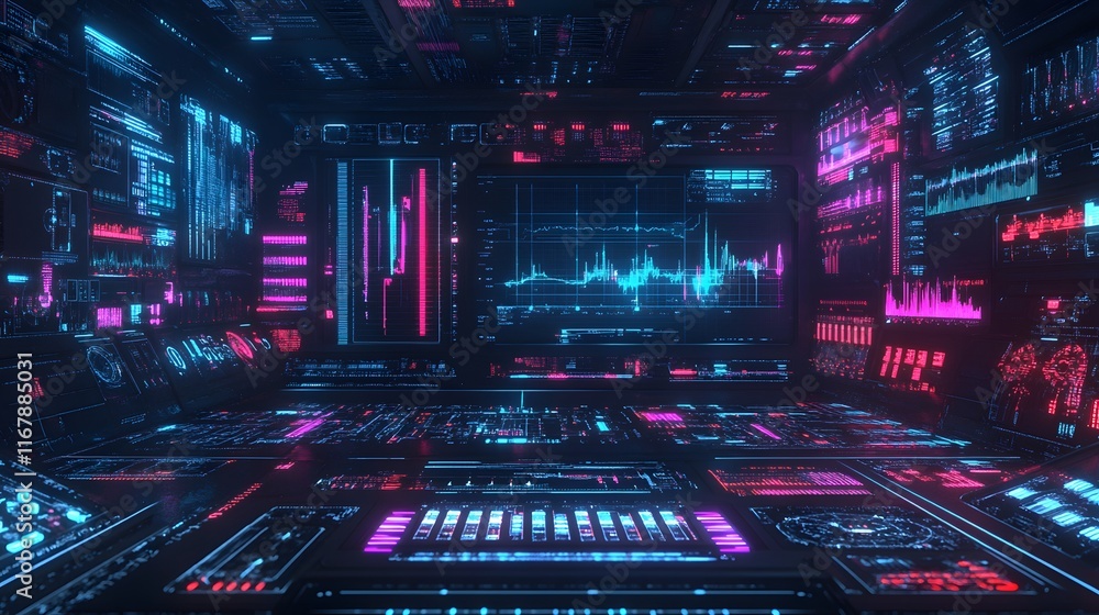 Poster futuristic control room with neon displays and data streams