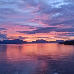 A serene sunset over calm waters, reflecting vibrant colors and surrounding mountains.