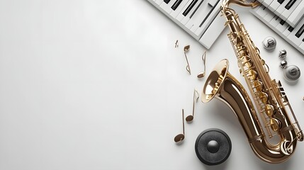 Naklejka premium Golden Saxophone Keyboard Music Notes Speaker
