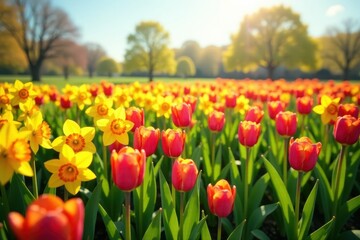Fototapeta premium Spring Tulips and Daffodils in a field with space for copy, blossom, flower field