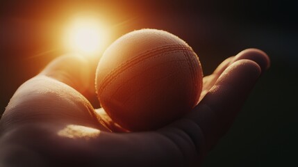 Game-Changing Moment: Cricket Ball in Player's Hand with Sunlight Reflection, Dynamic Action Background
