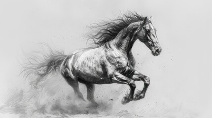 Majestic black and white horse galloping, dust flying.