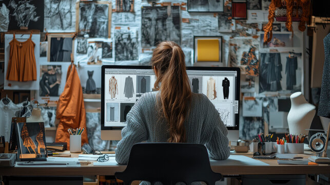 Young caucasian woman working at fashion design studio with clothing patterns on computer screen