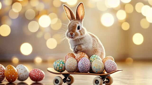 Curious bunny with colorful easter eggs on a skateboard against bokeh lights backdrop, symbolizing easter celebration and joyous festivities concept