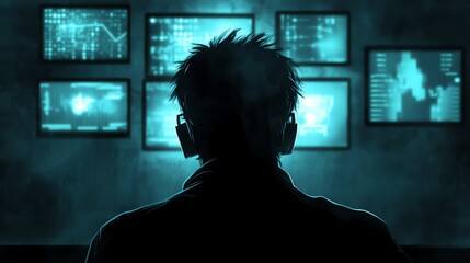 A silhouette of a person wearing headphones, gazing at multiple screens displaying data and analytics.