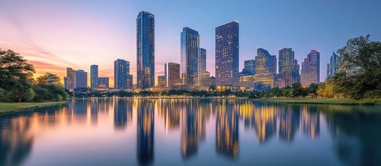 Fototapeta premium Breathtaking skyline of a bustling metropolitan city with towering skyscrapers and high rise buildings reflected on the calm waters of a lakefront illuminated by the warm hues of a vibrant sunset