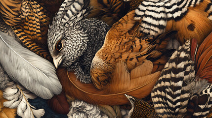 Wildlife wallpaper, intricate animal textures, detailed fur and feathers, perfect for a natureinspired and visually rich interior design. Quillwork. Illustration