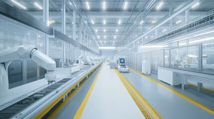 A modern industrial facility featuring robotic automation and streamlined production lines.