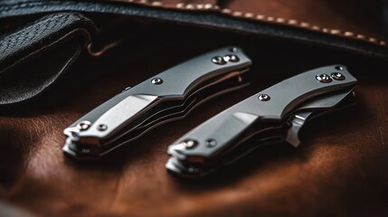 Two folded knives resting on a brown leather surface, showcasing craftsmanship and utility.
