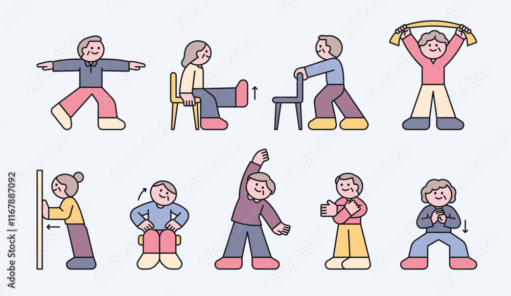 Poster senior characters are exercising for a healthy life. cuttiny character with outline.
