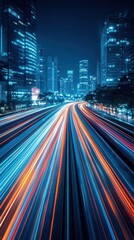 Fototapeta premium Vibrant nighttime cityscape with glowing skyscrapers and blurred traffic trails Busy financial and commercial district illuminated by colorful lights