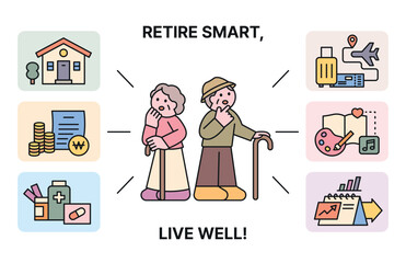 Items to prepare for retirement for a second life. Characters of a worried grandmother and grandfather. Cuttiny character with outline.