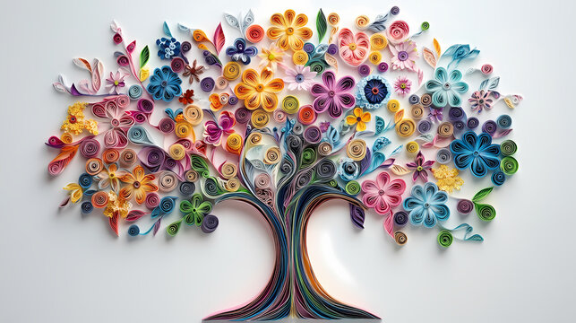 Paper quilling: colorful floral tree. Quillwork. Illustration