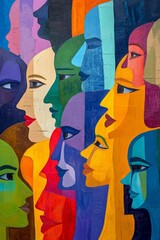 Abstract painting, colorful, multiple faces.