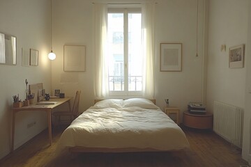 Sunny Parisian bedroom, minimalist design, morning light, calm atmosphere, interior design