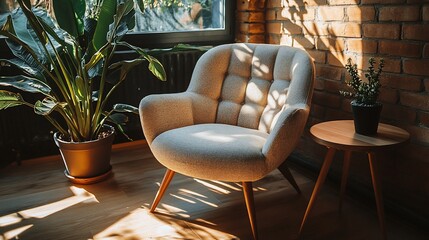 Sunlit armchair in cozy room, plants nearby, interior design