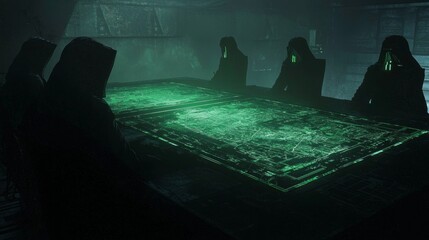 Neon Rebellion: Futuristic Cyberpunk Dystopia with Rebels Planning in Darkened Room - 3D Render Illustration