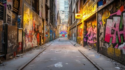 Naklejka premium Neon Cyberpunk Dystopia: Vibrant Graffiti Alley Expressing Societal Critique in 3D Render Illustration