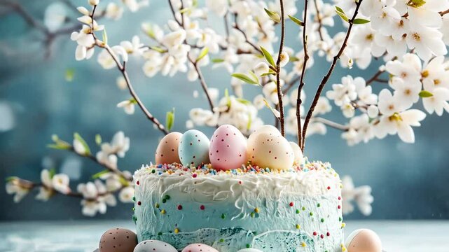 Pastel easter cake with speckled eggs surrounded by blossoming branches on teal background, celebrating the joy of spring and renewal