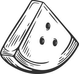 Watermelon slice piece juicy triangle seeds engraving hand drawn illustration black white isolated vintage line art sketch silhouette graphic style poster label web