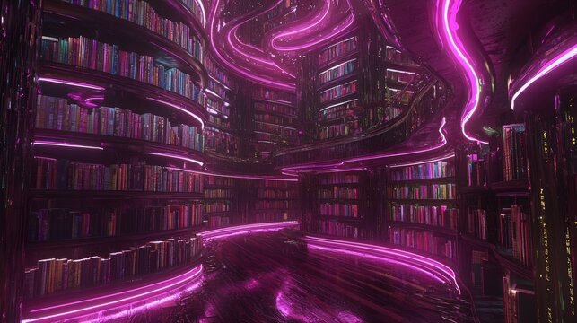 Futuristic Cyberpunk Library Vast Holographic Bookscape - 3D Render Illustration with Immersive Digital Interactions
