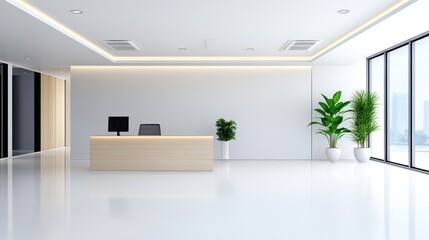 Modern office reception area with plants and minimalist design.