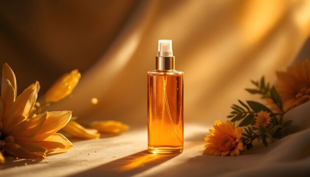 Amber Elixir: Golden Spray Bottle with Yellow Flowers