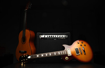 two guitars and amplifier for background music intro flyer banner postcard ticket