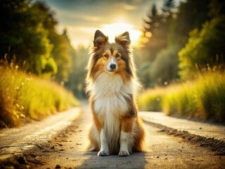 A lonely Sheltie puppy wanders a country road, its adorable face capturing hearts.