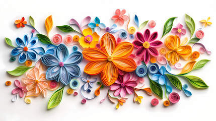 Colorful paper quilled flowers on a white background. creative art design with floral shapes. perfect for craft and diy projects. Quillwork. Illustration