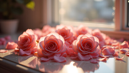 “Delicate roses in various shades, combined with white lilies, placed in a glass vase on a marble surface with light reflecting light.”