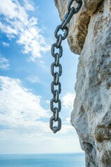 Metal chain hangs cliff, ocean view.